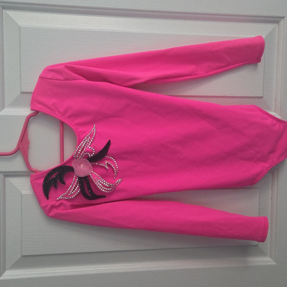 Pink Long Sleeve Leotard with Black Embellishments Sz 7/8